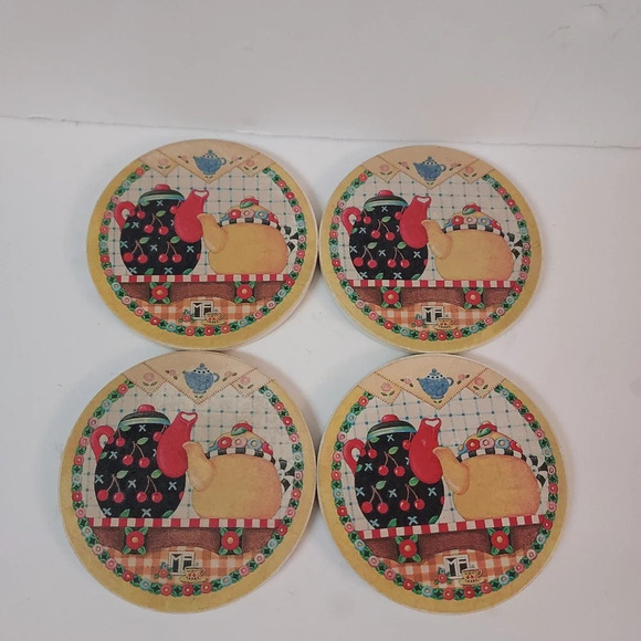 Set of 4 Mary Engelbreit Teapots Drink Coasters Cork Back - Picture 1 of 10
